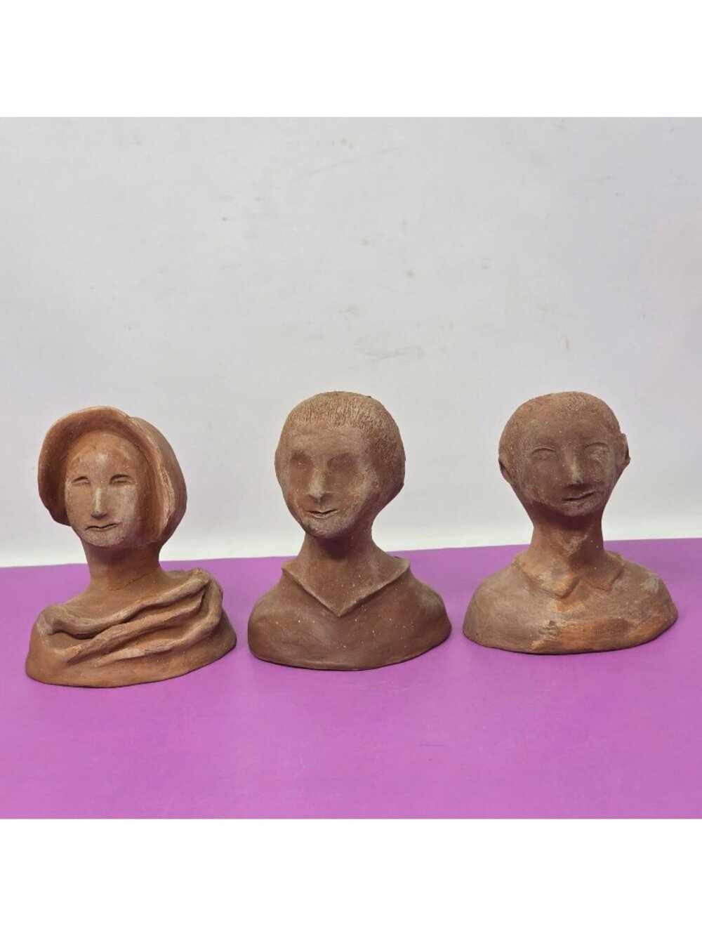 Set Of 3 Handcrafted Terracotta Bust Sculptures - Rustic Clay Art Figures